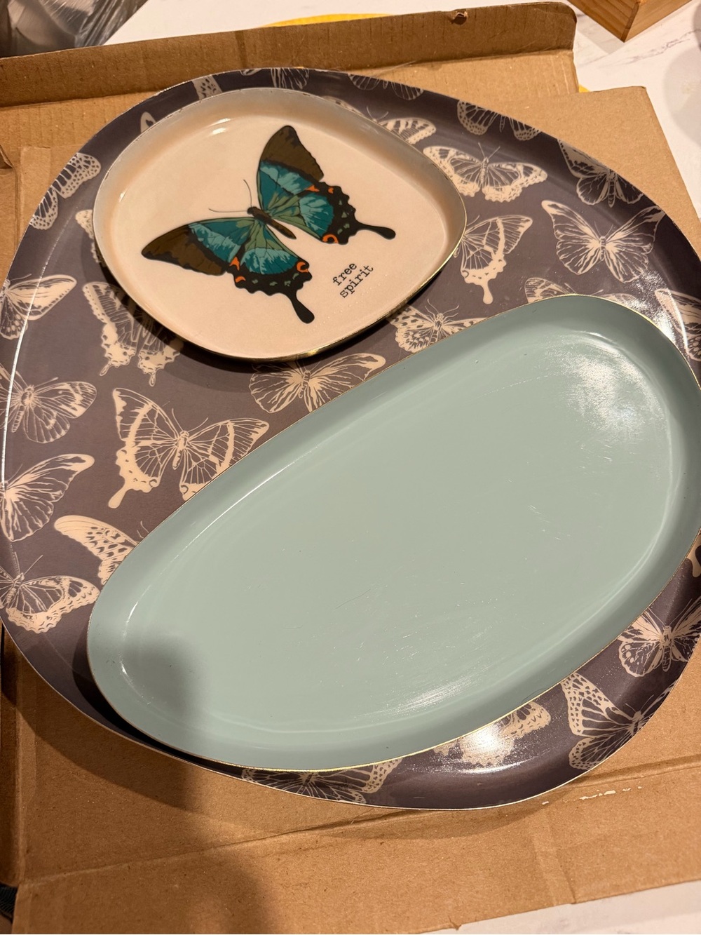 Home enamel butterfly Tray Set 3 pc in Teal and Cream made in India